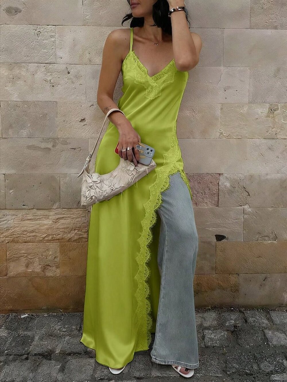 Green Elegant Women's Satin Lace Asymmetric Spaghetti Strap Dress